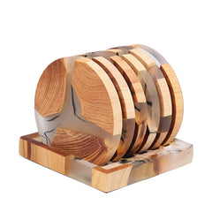 6Pcs Wooden Drink Coasters Epoxy Resin Coster with with Holder Heat-Resistant for Coffee Table Housewarming Gifts Home Decor